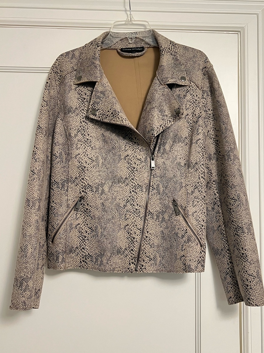 Catherine Malandrino Beige Snake-Print Moto Jacket